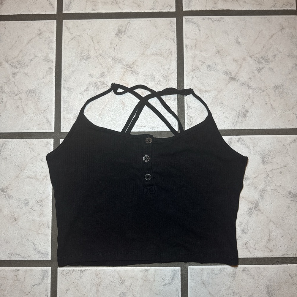 Black Cross-Back Crop Top with Buttons